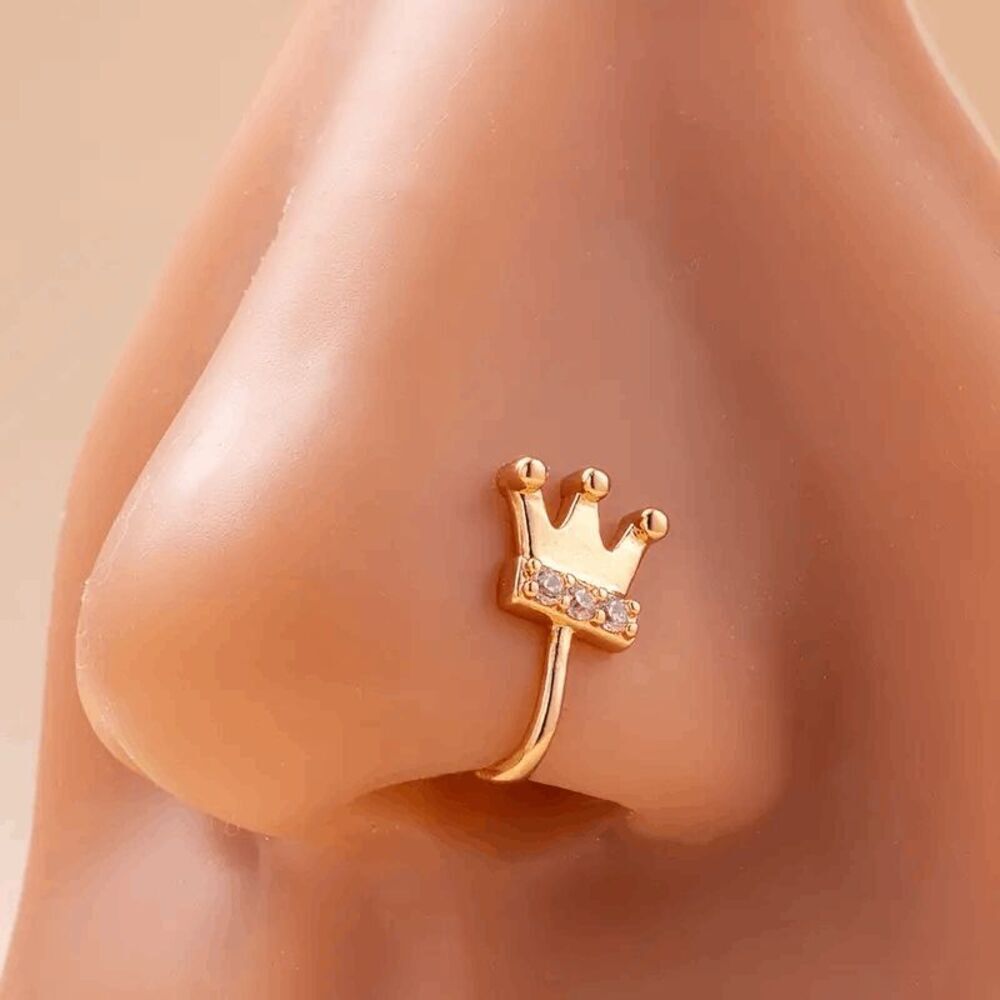 GOLD DIAMOND CROWN NOSE CUFF RING